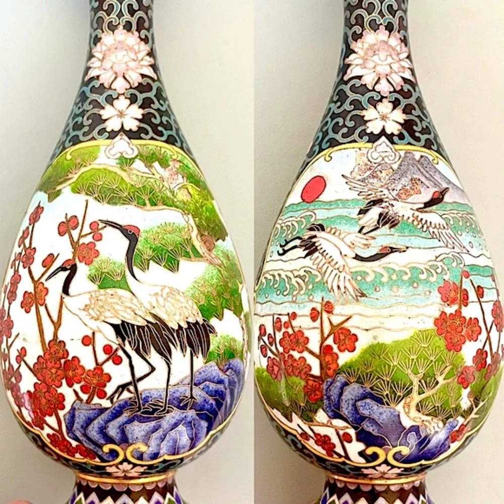 Antique Chinese Cloisonné Vase Colorful Enamel Crane Egret Birds Cherry Blossoms